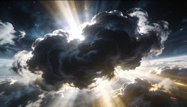 Dramatic backlit cumulonimbus casting golden sunbeams over high-altitude cloudscape