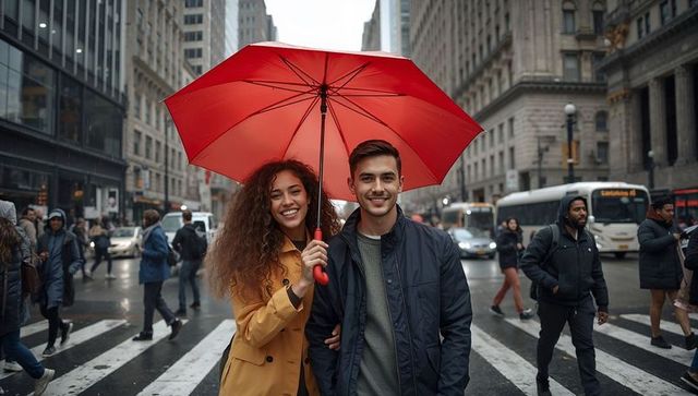 Smiling couple holding red umbrella on wet crosswalk in bustling rainy downtown cityscape
