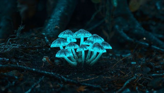Enchanted night forest bioluminescent mushrooms glow
