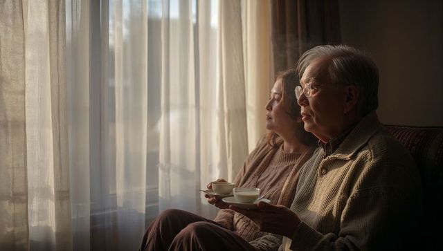 Elderly asian couple sipping tea by sunlit window sharing quiet morning moment