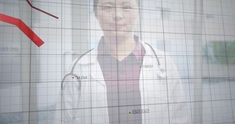 Doctor with digital health analytics overlay showing clinical trends and declining metrics