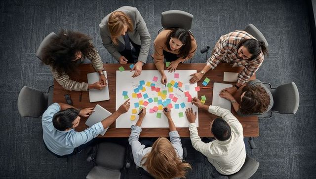 Diverse team brainstorming with sticky notes and laptops around conference table