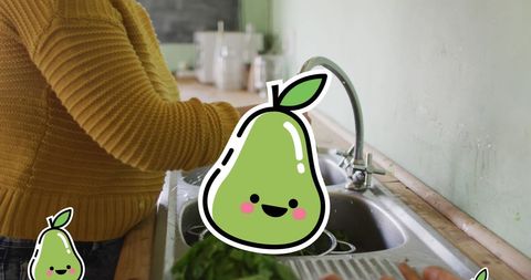 Woman washing vegetables with cute pear icons