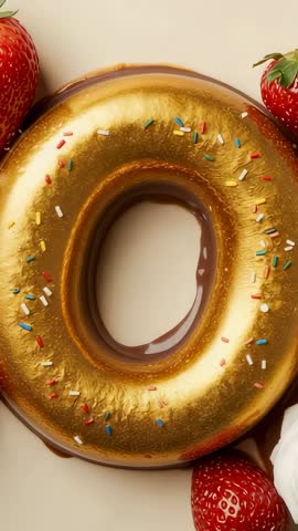 Rotating Gold-Glazed Doughnut with Colorful Sprinkles and Strawberries | Vertical Reel