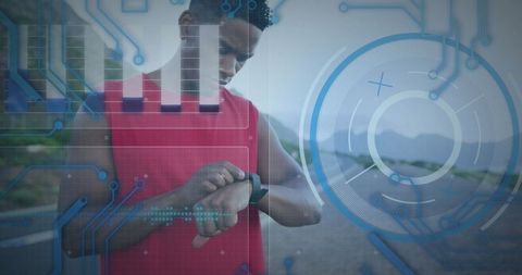 Digital interface with runner using smartwatch in futuristic overlay