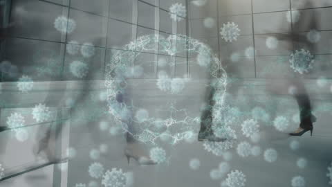 Virus and Brain Overlay on Business Team Walking in Modern Office