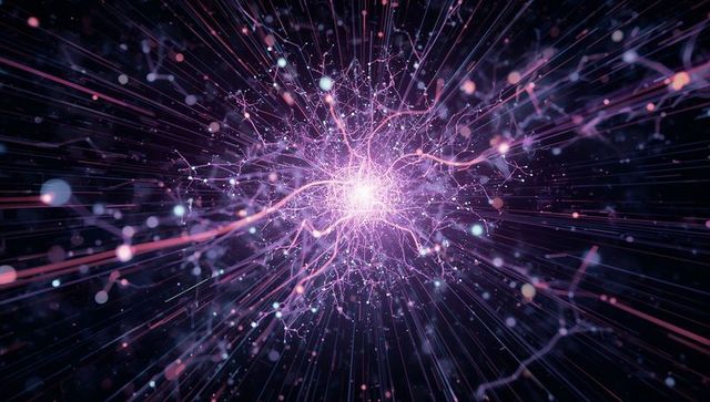 Radiating neural network core sending luminous filaments, radial light rays abstract