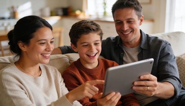 Family Bonding Around Tablet Laughing and Sharing Moments on Couch in Sunlit Kitchen