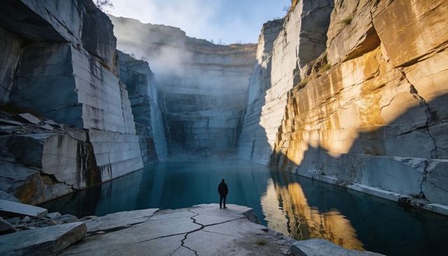 Solitary silhouette on cracked ledge overlooking misty flooded quarry with sunlit cliffs