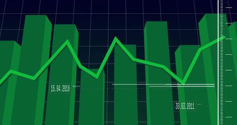 3D Green Bars and Line Graph on Dark Grid Background for Data Visualization