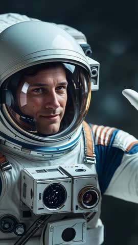 Astronaut Waving Through Airlock While Calibrating Helmet Camera for Spacewalk | Vertical Video