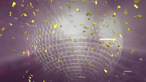 Shiny Disco Ball with Golden Confetti in Motion