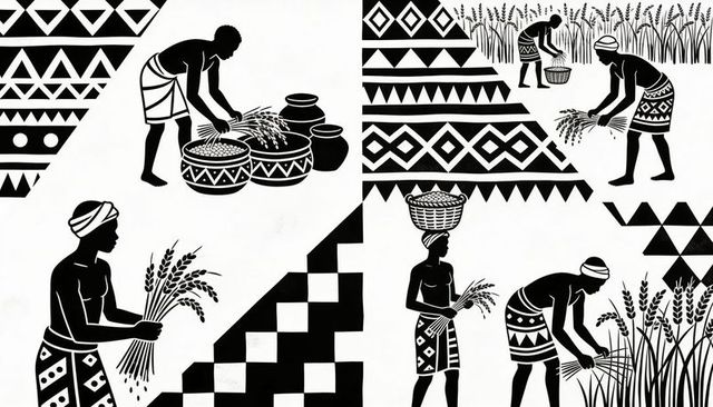 Harvesting farmers gathering grain in monochrome silhouette with geometric textile motifs