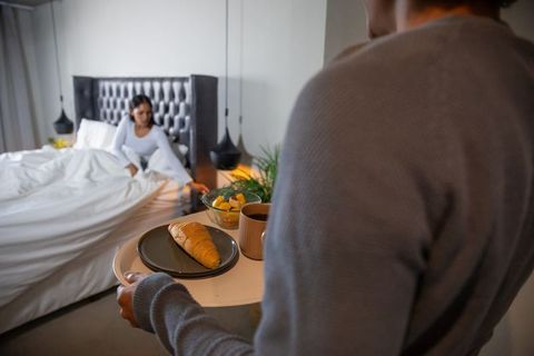 Romantic Morning with Breakfast Tray in Cozy Bedroom