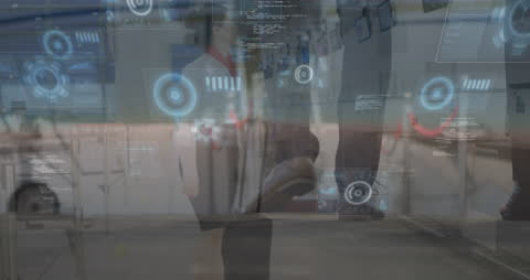 Businesswoman at Airport with Futuristic Data Overlays