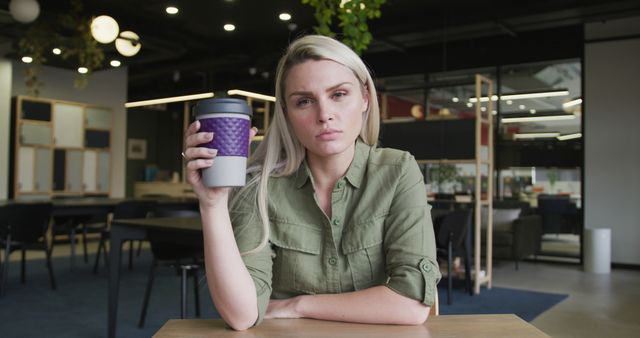 Young woman drinking coffee in modern cafe, thinking deeply - Download Free Stock Images Pikwizard.com