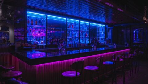 Neon Cocktail Lounge Interior Glowing Blue and Magenta with Reflective Glossy Bar Counter