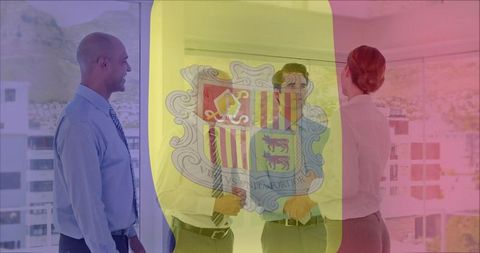 Executives shaking hands under andorra flag crest overlay for international partnership
