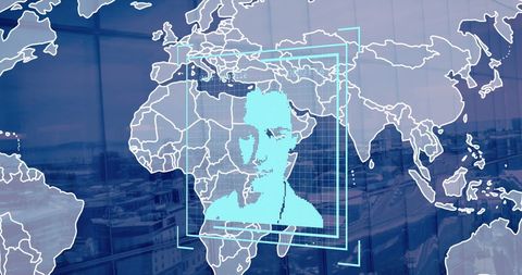 Global Network with Digital Facemask Poster on World Map - Download Free Stock Images Pikwizard.com