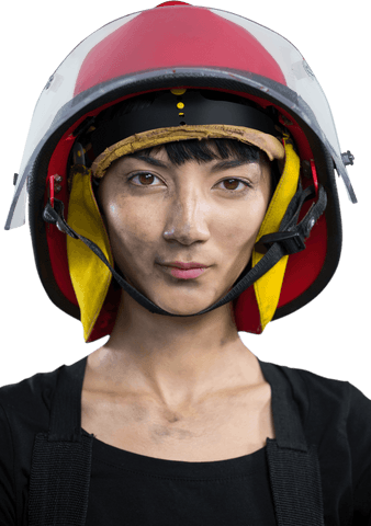 Transparent portrait female architect wearing red protective helmet