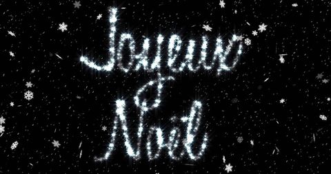 Joyeux Noel Sparkling Text with Falling Snowflakes on Black