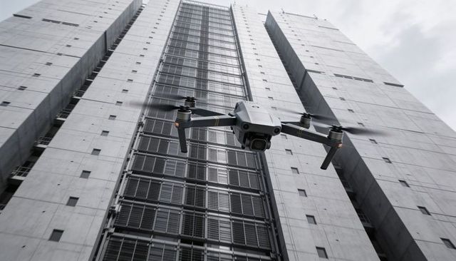 Compact drone hovering outside modern high-rise facade with camera gimbal