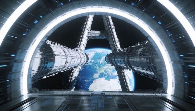 Futuristic orbital station framing Earth through illuminated ring and converging cylinder trusses