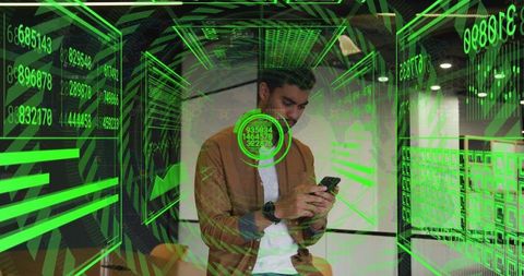 Asian professional using smartphone while holographic green HUD displaying data analytics