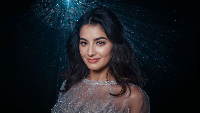 Smiling woman wearing silver beaded evening gown under radiant starburst light