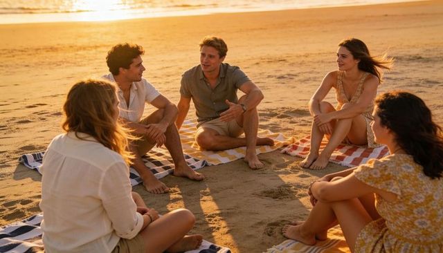 Group of friends relaxing and chatting barefoot on sunset beach with striped towels