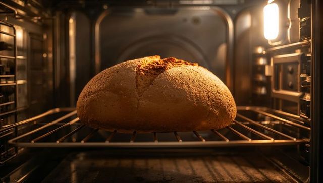 Artisan loaf baking in oven with crust highlights