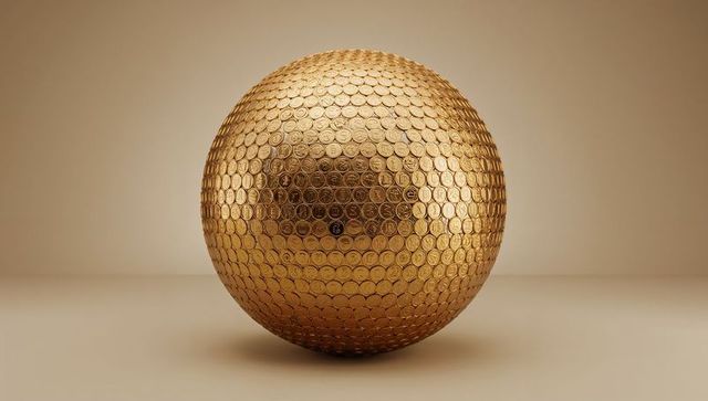 Golden coin mosaic sphere reflecting warm light on neutral beige background, textured metallic orb