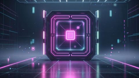 Futuristic neon cube in cybernetic environment