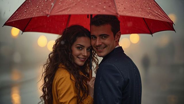 Intimate romantic couple holding red umbrella on rainy city street at dusk with bokeh lights