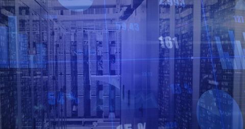 Futuristic blue data center racks with servers, network switches and digital analytics