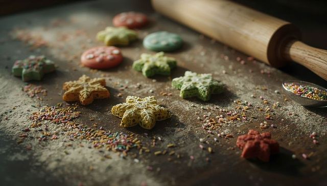 Colorful homemade sprinkled cookies on rustic kitchen countertop