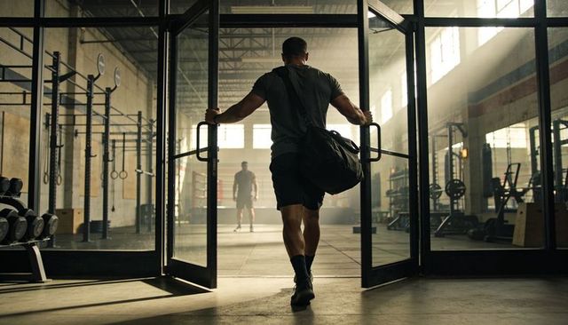 Muscular athlete entering industrial warehouse gym carrying duffel bag under dramatic sunlight