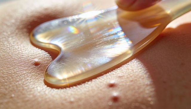 Gliding prismatic gua sha tool on bare skin close-up for facial massage and skincare