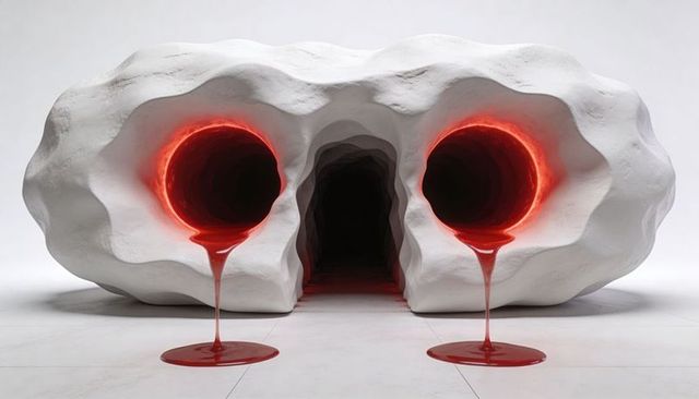 Surreal white organic sculpture with crimson cavities and dripping red liquid, symmetrical