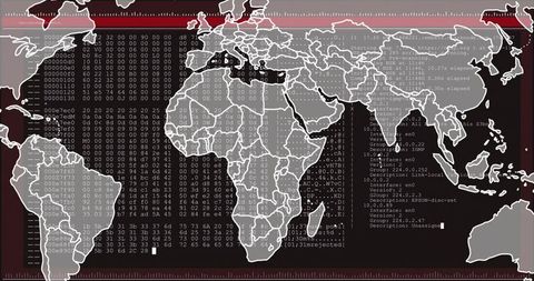World Map Overlay with Hex Dump on Digital Interface