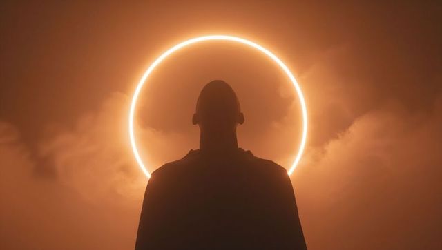 Silhouette Cloaked Figure Standing Before Luminous Halo in Misty Orange Sky, Cinematic