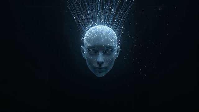 Floating artificial intelligence head with glowing neural strands in dark void