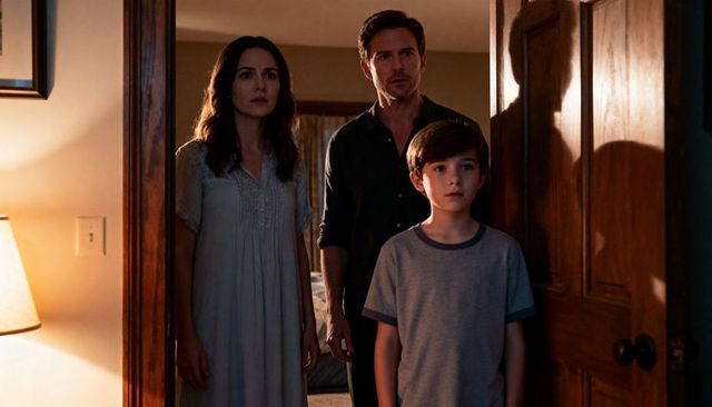 Family standing in doorway at night parents and child reacting to unseen event