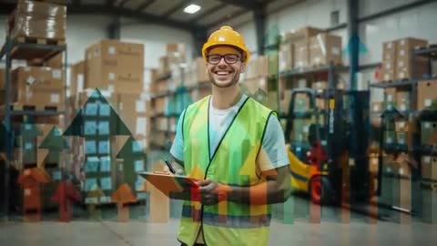 Smiling Warehouse Worker Analyzing Productivity in Busy Stockroom