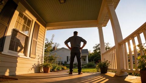 Homeowner standing on sunlit porch overlooking neighborhood lawn at golden hour