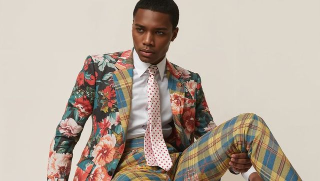 Bold pattern mixing menswear featuring floral blazer, plaid trousers and polka-dot tie