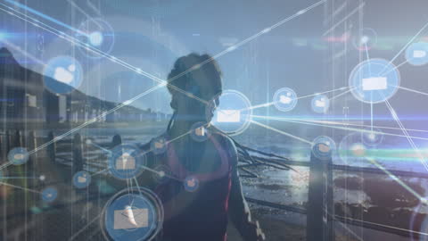 Conceptual Digital Network with Woman Running on Beach