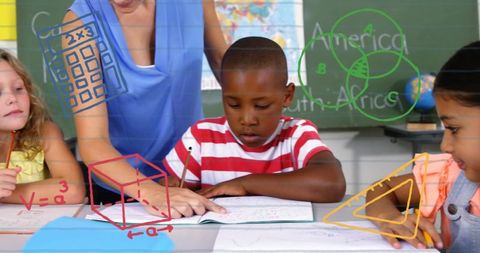 Teacher Assisting Diverse Students with Educational Illustrations - Download Free Stock Images Pikwizard.com