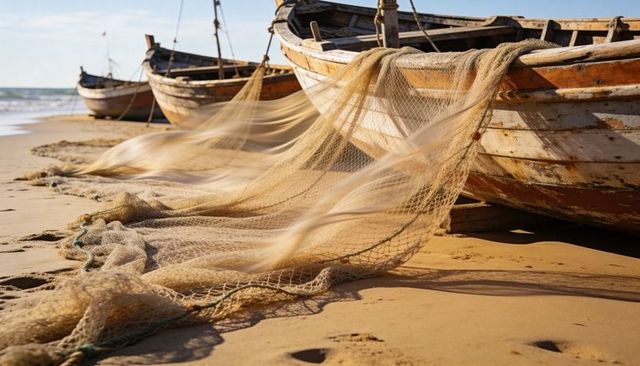 Weathered wooden fishing boats with billowing nets on sunlit sandy shoreline