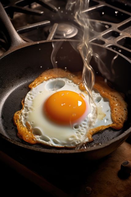 A single egg fries in a pan on a stove, with copy space. Captures a common home cooking scene, emphasizing the simplicity of preparing a meal.